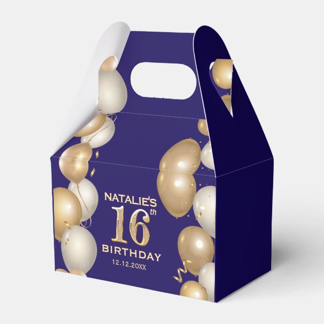 16th Birthday Party Navy Blue and Gold Balloons Favor Box (Front Side)