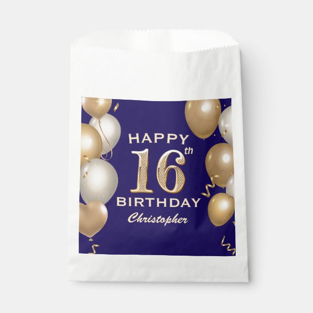 16th Birthday Party Navy Blue and Gold Balloons Favour Bag (Front)