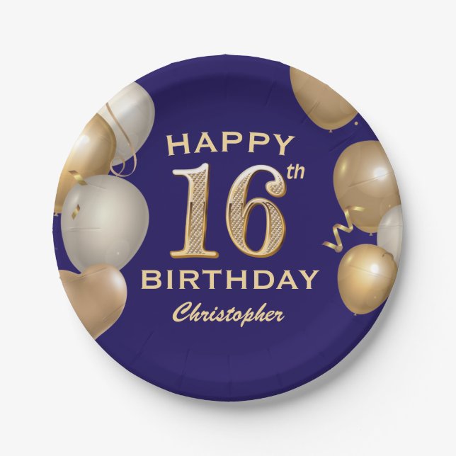16th Birthday Party Navy Blue and Gold Balloons Paper Plate (Front)