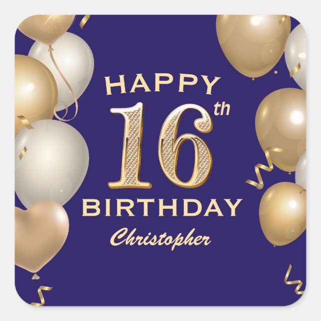 16th Birthday Party Navy Blue and Gold Balloons Square Sticker (Front)