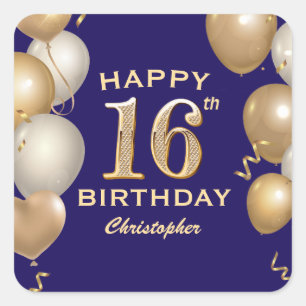 16th Birthday Party Navy Blue and Gold Balloons Square Sticker
