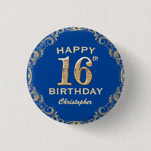 16th Birthday Party Navy Blue and Gold Glitter 1 Inch Round Button