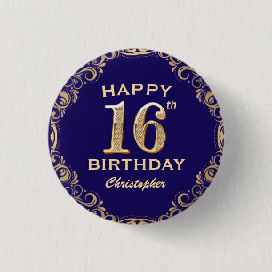 16th Birthday Party Navy Blue and Gold Glitter 1 Inch Round Button
