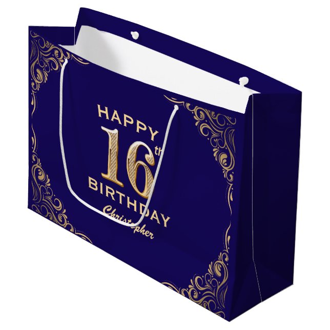 16th Birthday Party Navy Blue and Gold Glitter Large Gift Bag (Front Angled)