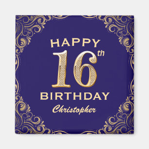 16th Birthday Party Navy Blue and Gold Glitter Magnet