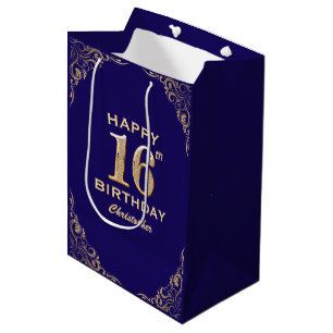 16th Birthday Party Navy Blue and Gold Glitter Medium Gift Bag