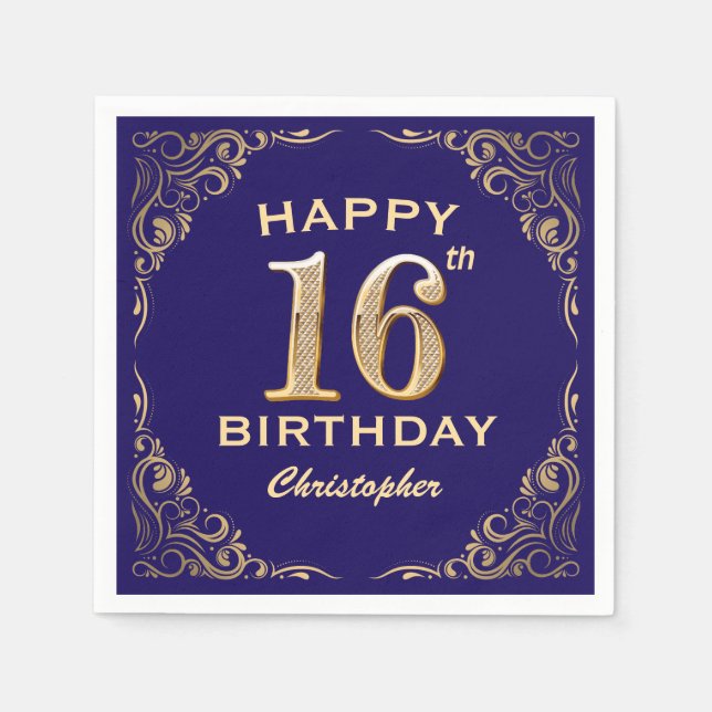 16th Birthday Party Navy Blue and Gold Glitter Napkin (Front)