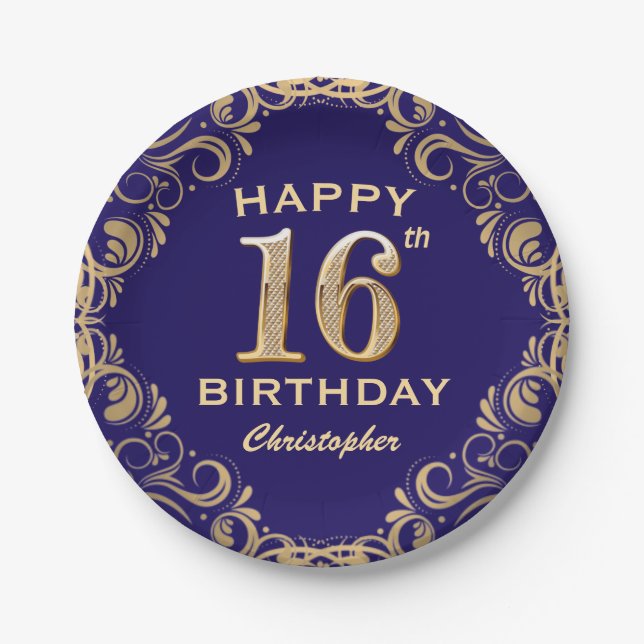 16th Birthday Party Navy Blue and Gold Glitter Paper Plate (Front)