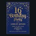 16th Birthday Party - Navy & Gold Invitation<br><div class="desc">16th Birthday Party Invitation.
Elegant design in navy blue and faux glitter gold. Features stylish script font and confetti. Message me if you need custom age.</div>