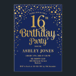 16th Birthday Party - Navy & Gold Invitation<br><div class="desc">16th Birthday Party Invitation.
Elegant design in navy blue and faux glitter gold. Features stylish script font and confetti. Message me if you need custom age.</div>
