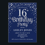 16th Birthday Party - Navy & Silver Invitation<br><div class="desc">16th Birthday Party Invitation.
Elegant design in dark navy blue and faux glitter silver. Features stylish script font and confetti. Message me if you need custom age.</div>