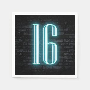 16th Birthday Party Neon Sign on Brick Wall  Napkin