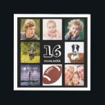 16th birthday party photo collage boy black napkin<br><div class="desc">A napkin for a 16th birthday party for a boy,  celebrating his life with a collage of 8 of your photos.  Templates the age 16 and a date.  Date of birth or the date of the party.  White coloured letters.  Black background.</div>