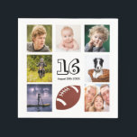16th birthday party photo collage teen boy napkin<br><div class="desc">A napkin for a 16th birthday party for a boy,  celebrating his life with a collage of 8 of your photos.  Templates for the age 16 and a date.  Date of birth or the date of the party.  Black coloured letters.  White background.</div>