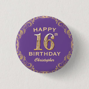 16th Birthday Party Purple and Gold Glitter Frame 1 Inch Round Button