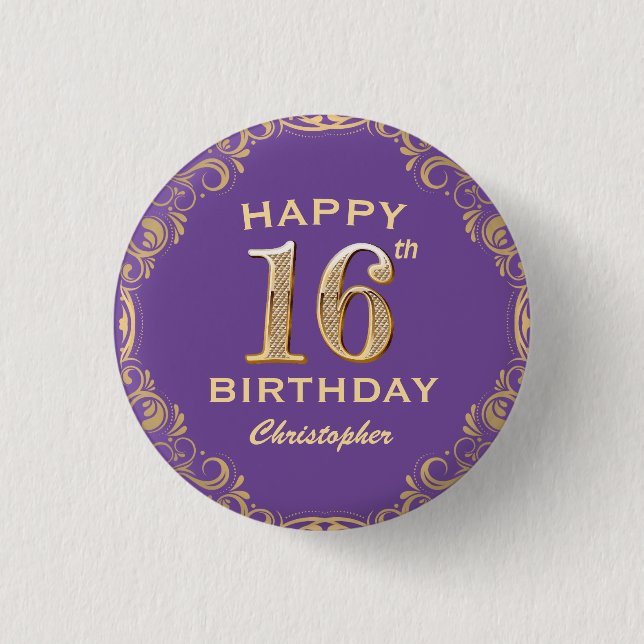 16th Birthday Party Purple and Gold Glitter Frame 1 Inch Round Button (Front)