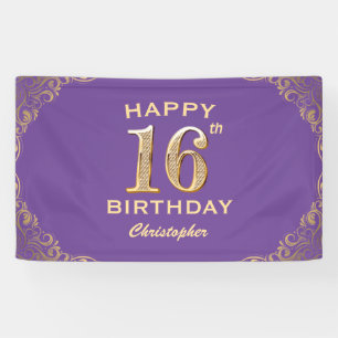 16th Birthday Party Purple and Gold Glitter Frame Banner