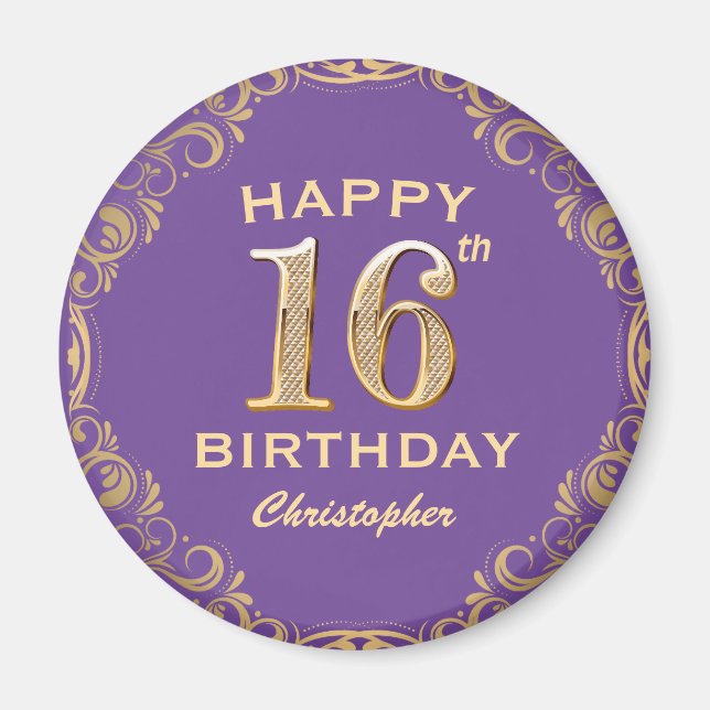 16th Birthday Party Purple and Gold Glitter Frame Magnet (Front)