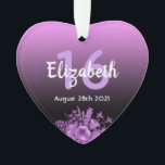 16th birthday party purple black gradient name ornament<br><div class="desc">Glamourous ornament for a Sweet 16th birthday with elegant and modern black and pink,  purple gradient,  ombre backdrop. With ultra violet and purple coloured watercolored flowers.  Templates for name,  age 16 and date,  white and purple coloured letters. Perfect as a party decoration,  keepsake or gift.</div>