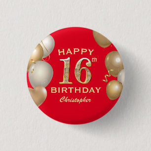 16th Birthday Party Red and Gold Balloons 1 Inch Round Button