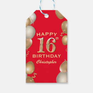 16th Birthday Party Red and Gold Balloons Gift Tags