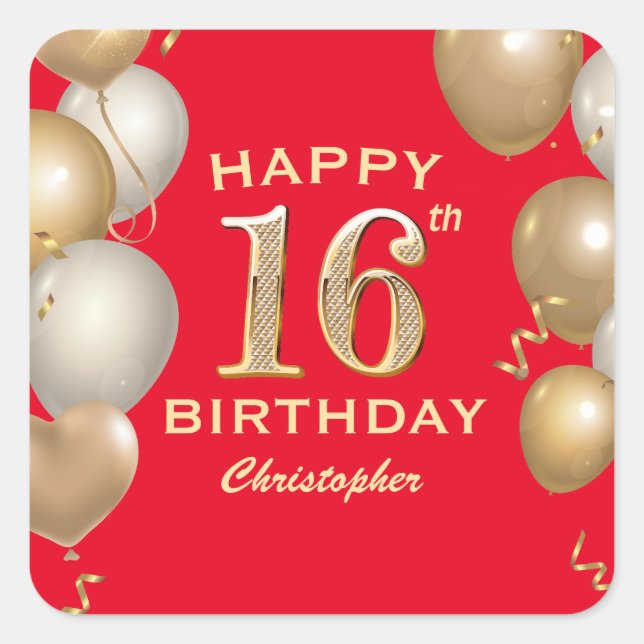 16th Birthday Party Red and Gold Balloons Square Sticker (Front)