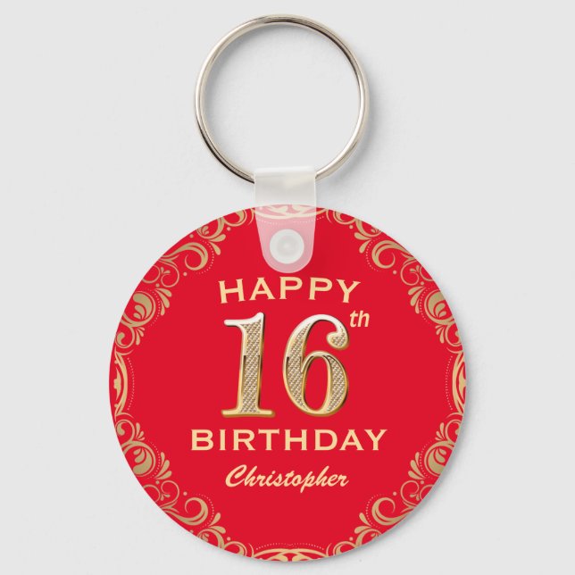 16th Birthday Party Red and Gold Glitter Frame Keychain (Front)