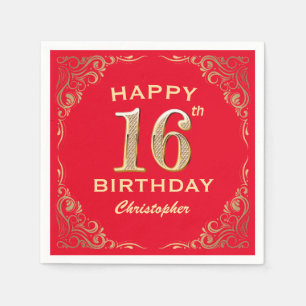 16th Birthday Party Red and Gold Glitter Frame Napkin