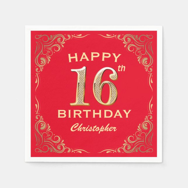 16th Birthday Party Red and Gold Glitter Frame Napkin (Front)