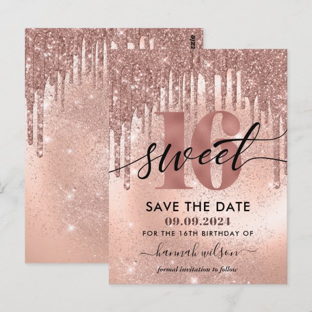 16th Birthday Party Rose Gold Save The Date  Postcard (Front/Back)