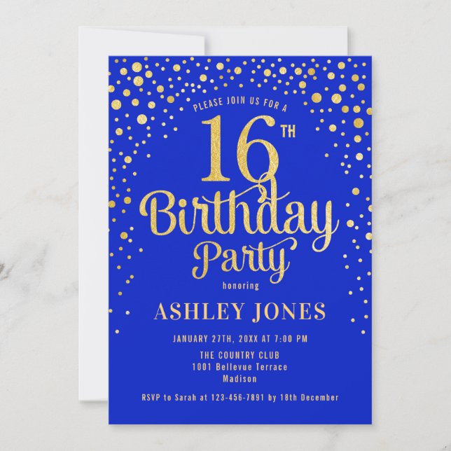 16th Birthday Party - Royal Blue & Gold Invitation (Front)