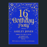 16th Birthday Party - Royal Blue & Gold Invitation<br><div class="desc">16th Birthday Party Invitation.
Elegant design in royal blue and faux glitter gold. Features stylish script font and confetti. Message me if you need custom age.</div>