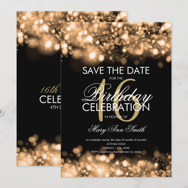 16th Birthday Party "Save The Date" Sparkling Gold Invitation (Front/Back)