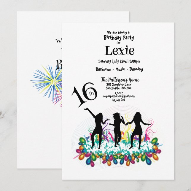 16th Birthday Party Teen's Dancing Colourful Invitation (Front/Back)