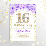 16th Birthday Party - White Gold Purple Invitation<br><div class="desc">16th Birthday Party Invitation
Elegant design in faux glitter gold,  purple and white. Stylish floral invitation with diamonds and roses. Perfect for a glam celebration. Please message me if you need further customization.</div>