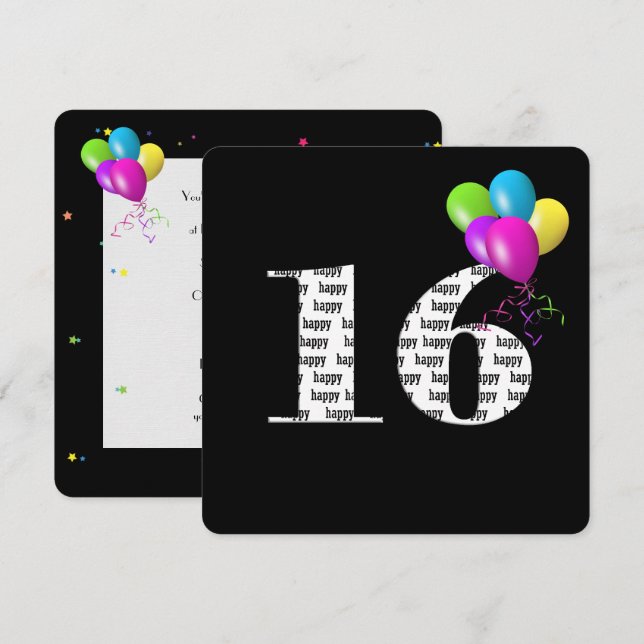 16th Birthday Party with balloon bunch Invitation (Front/Back)
