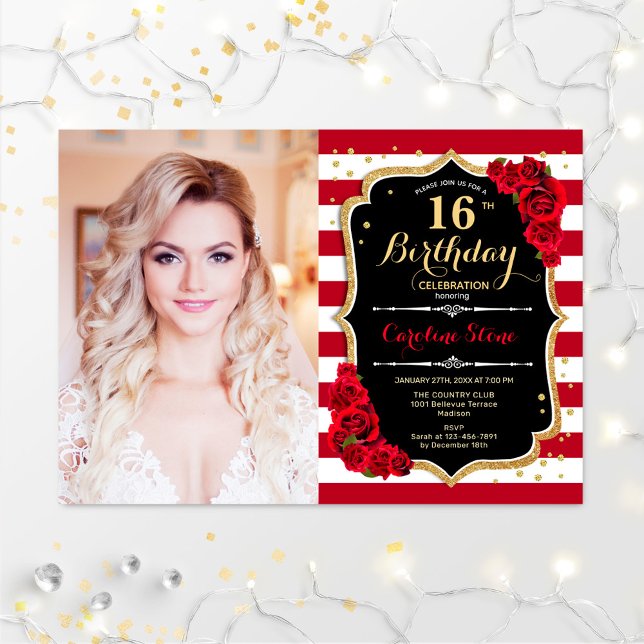 16th Birthday Party With Photo - Black Gold Red Invitation (Creator Uploaded)