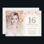 16th Birthday Party With Photo - Gold Pink Floral Invitation<br><div class="desc">16th birthday party invitation with your photo. Features gold confetti and blush pink roses. Classy floral design with faux glitter. Perfect for an elegant sweet sixteen bday celebration.</div>