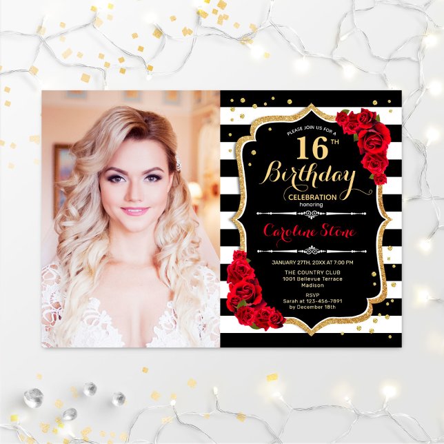 16th Birthday Party With Photo - Red Gold Black Invitation (Creator Uploaded)