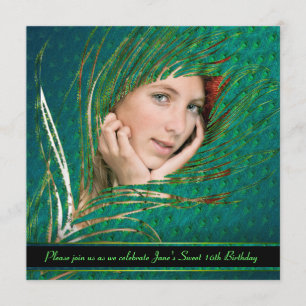 16th Birthday peacock feather photo invitations