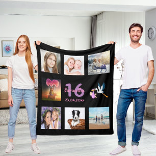 16th birthday photo collage girl black fleece blanket