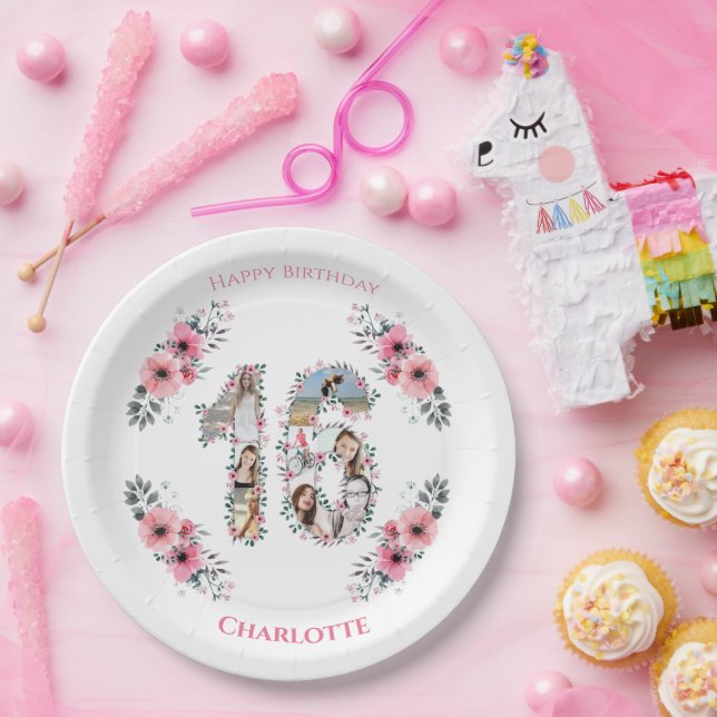 16th Birthday Photo Collage Girl Pink Flower White Paper Plate (Party)
