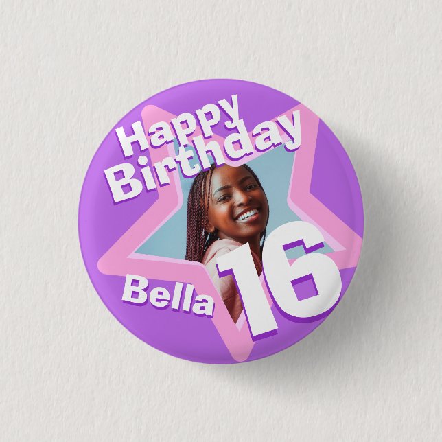 16th Birthday photo fun purple pink button/badge 1 Inch Round Button (Front)