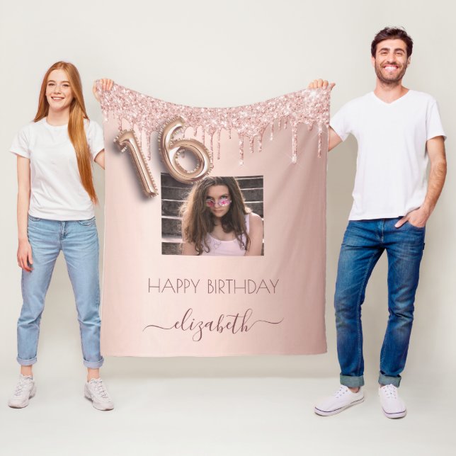 16th birthday photo rose gold glitter blush pink fleece blanket (In Situ)