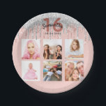 16th birthday photo rose gold glitter pink silver paper plate<br><div class="desc">For a girly, glamourous Sweet 16, 16th birthday party, celebrating her life with a collage of 6 of your own photos. Personalize and add a name, age 16 and a date. Date of birth or the date of the party. Dark rose gold and black coloured letters. A trendy rose gold...</div>