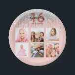 16th birthday photo rose gold glitter pink silver paper plate<br><div class="desc">For a girly, glamourous Sweet 16, 16th birthday party, celebrating her life with a collage of 6 of your own photos. Personalize and add a name, age 16 and a date. Date of birth or the date of the party. Dark rose gold and black coloured letters. A trendy rose gold...</div>