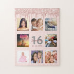 16th birthday photo rose gold pink drips jigsaw puzzle<br><div class="desc">A glamourous and unique 16th birthday gift or keepsake,  celebrating her life with a collage of 8 of your photos. Personalize and add a name,  age 16 and a date.  Grey and dark rose gold coloured letters.  Elegant and trendy blush pink background colour.  Decorated with rose gold coloured drips.</div>