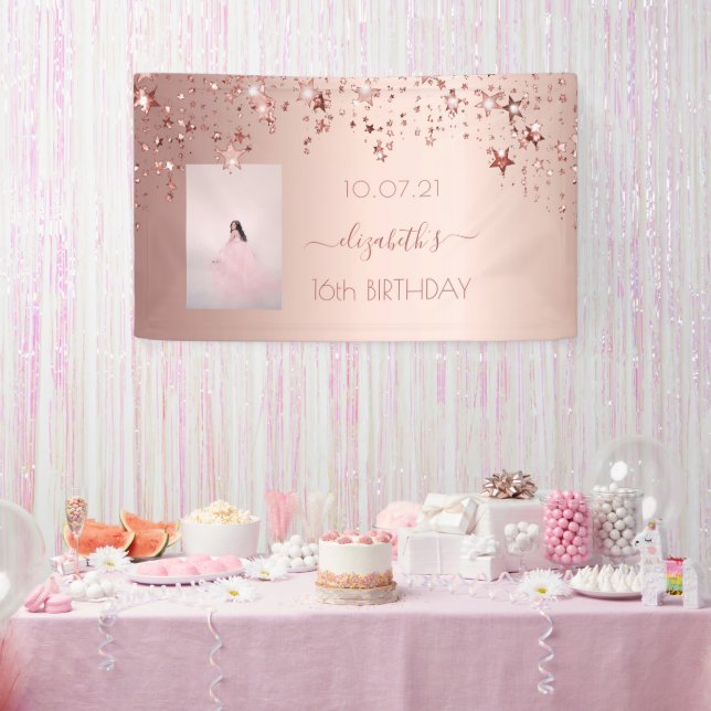 16th birthday photo rose gold pink glittery stars banner (Party)