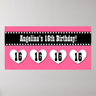 16th Birthday Pink Black Hearts Banner Custom V16H Poster