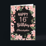 16th Birthday Pink Peach Watercolor Floral Black Card<br><div class="desc">16th Birthday Pink Peach Watercolor Floral Black Birthday Card. For further customization,  please click the "Customize it" button and use our design tool to modify this template.</div>